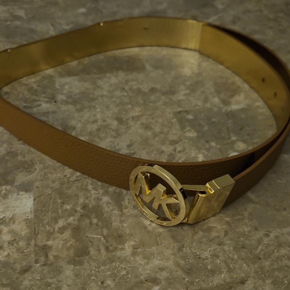 Michael Kors Camel Color Leather Belt with Gold MK Buckle